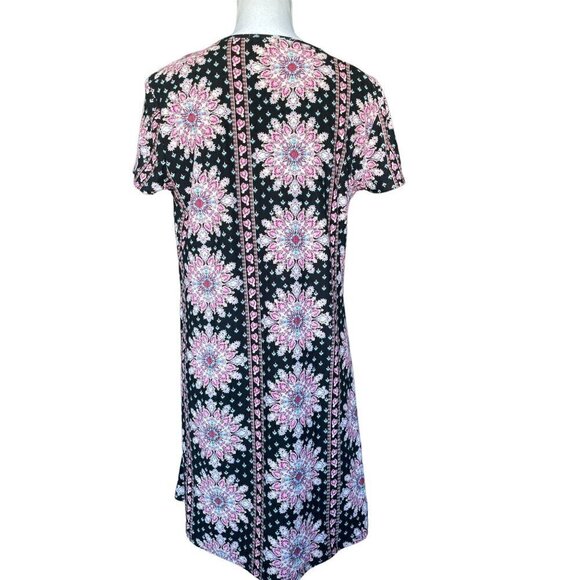 Pink Rose Dress Women's Size Large Short Sleeve Stretchy Black Pink Teal - Picture 3 of 12